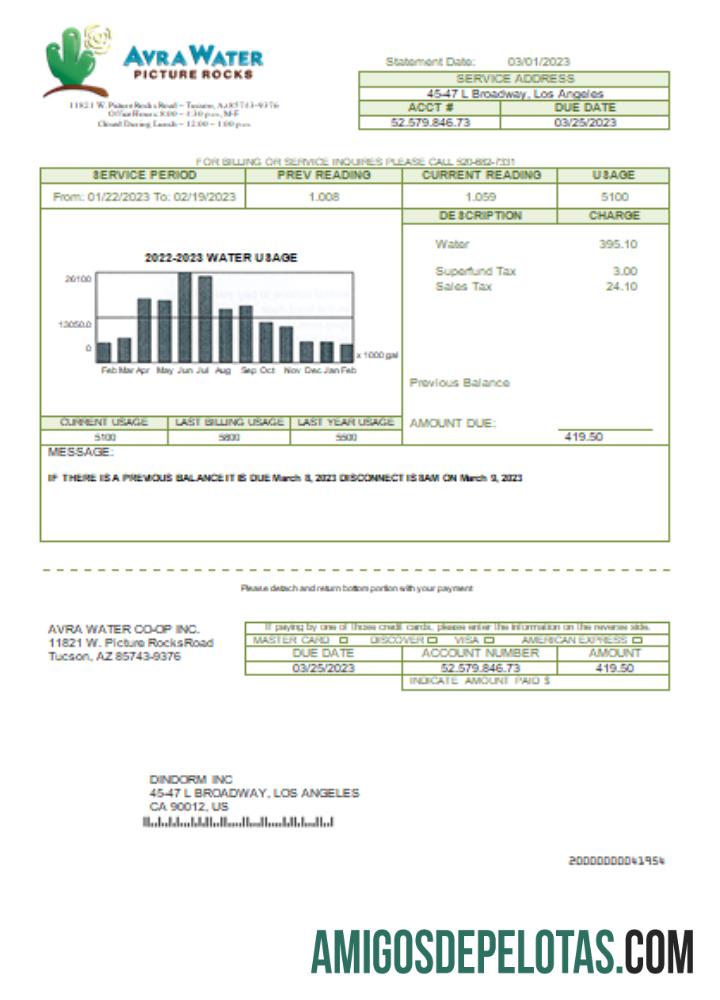 Projeto de lei de negócios de serviços públicos da Avra ​​Water Co Op, SCR modelo